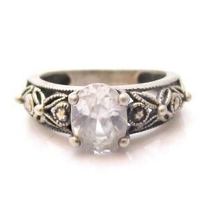 Vintage Floral Filigree Solitaire Clear Stone Sterling Silver Ring Sz 6.25